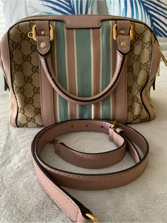 Gucci Handbags - Gucci Pink Trim GG Canvas Satchel with Blue and Cream Stripes